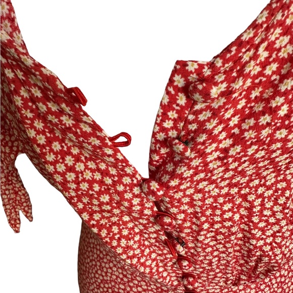 H&M Crepe Red Floral Button Dress Tie Sleeve Size 2 - Picture 5 of 16